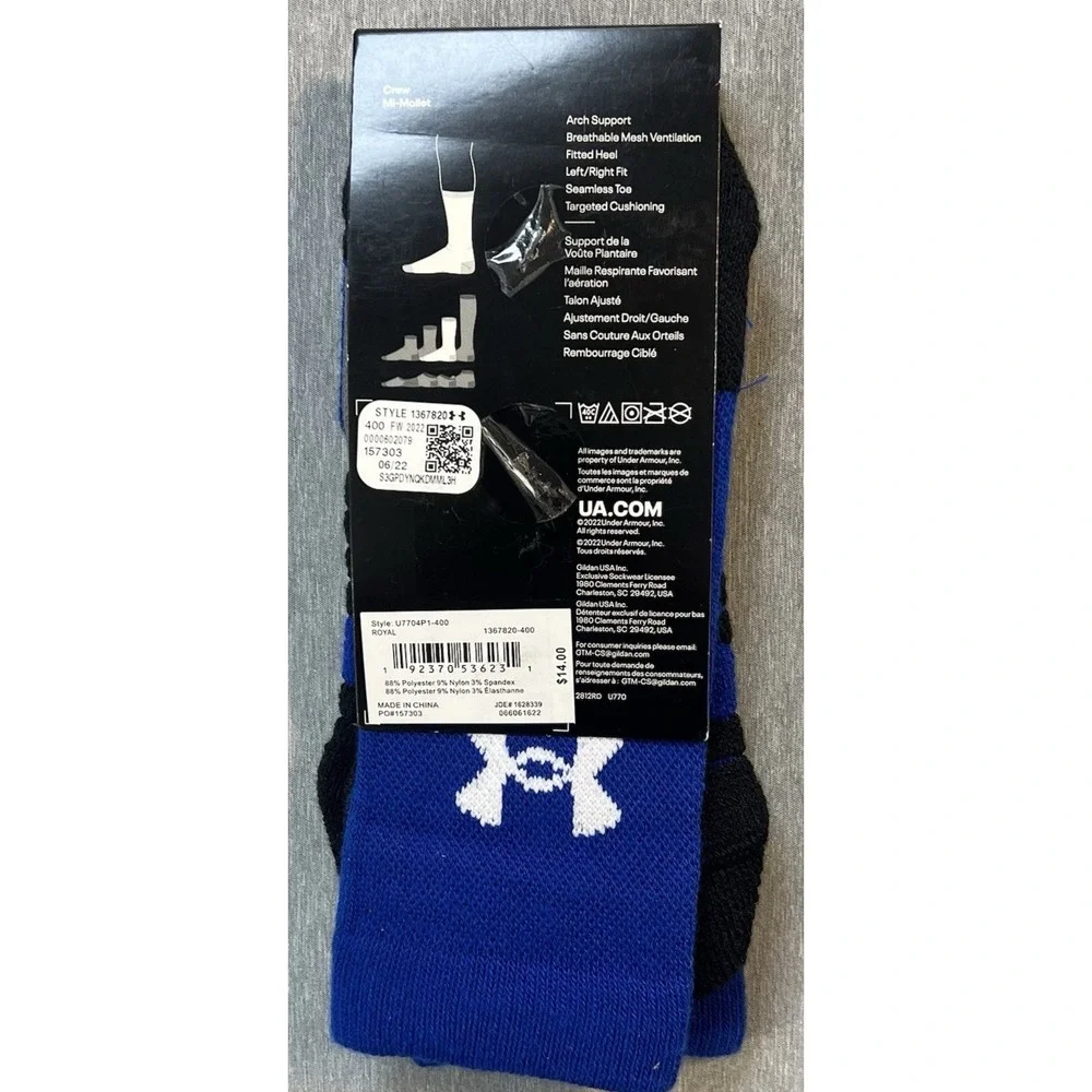 Under Armour UA Team Athletic Crew Socks Royal Blue Men's Size 7-8.5 Women  6-10